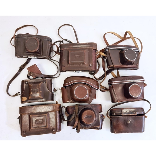 232 - Nine vintage leather camera cases to include a Leica III case, Zeiss and Contax (9)