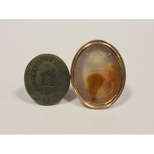 237 - Georgian gold-coloured metal seal, oval and inset carved agate and a Georgian banded agate seal with... 