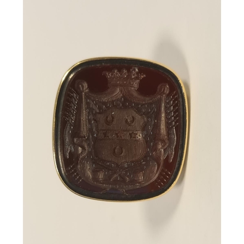 240 - Georgian gold fob seal, rectangular and ribbed, on foliate scroll support and inset carved cornelian... 