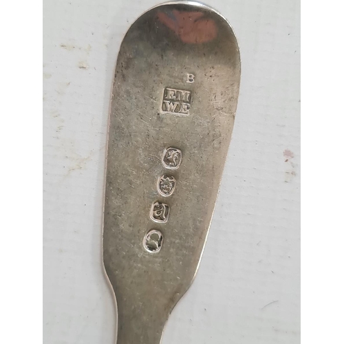 243 - Set of six early 19th century dessert spoons, fiddle pattern, initialled 'R' to handle, London 1816,... 