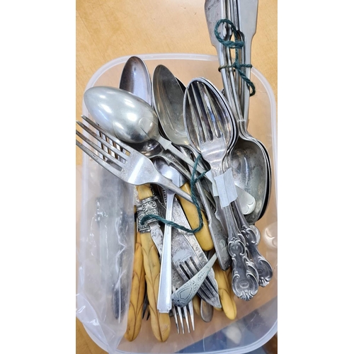 278 - Assorted plated ware to include teapots, flatware, serving dishes, etc (1 box)