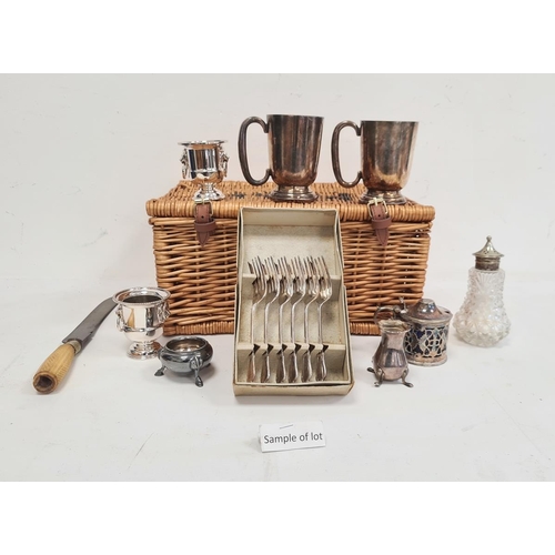 281 - Fortnum & Mason wicker hamper, plated flatware, tankards, etc