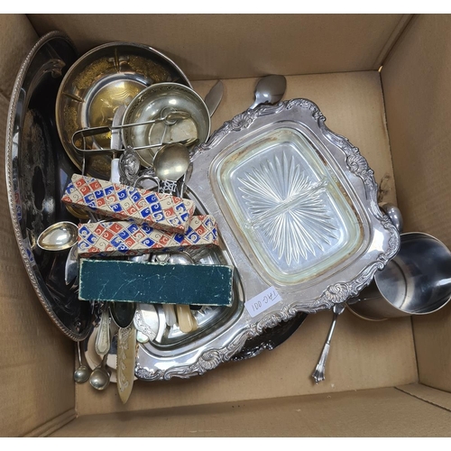 283 - Quantity of plated flatware to include oval tray, trays, candelabra, sifters, flatware, etc (1 box)