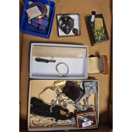 298 - Quantity of costume jewellery, beaded necklaces, brooches, wristwatches, compacts, pair of opal cost... 