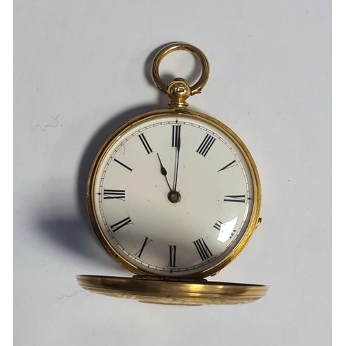 301 - 14ct gold cased fob watch with engraved decoration and Roman numeral enamel dial, marked '14K', 32g ... 