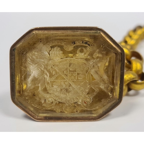 309 - Large Georgian gold fob seal, the rectangular intaglio carved citrine with armorial bearings and hav... 