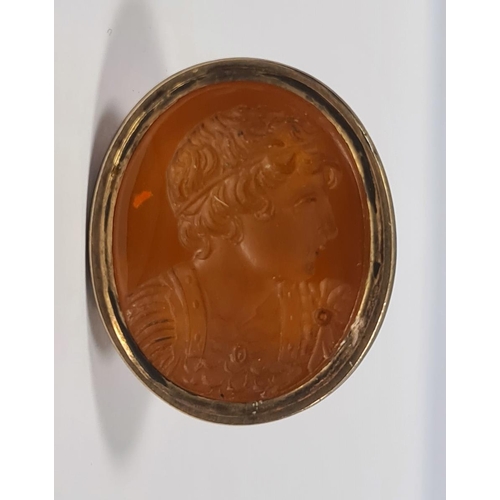 311 - Georgian gold-coloured fob seal set oval cornelian intaglio carved with Roman centurion's head, gros... 