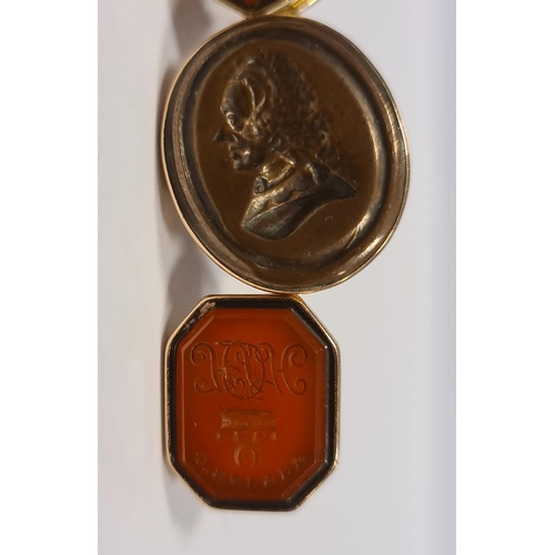 312 - Georgian gold fob inset metal tablet with intaglio portrait and two small Georgian fobs, each inset ... 