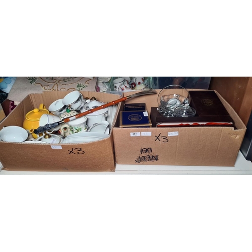 351 - Three boxes of assorted china and glassware including moulded glass tray, football presentation plat... 