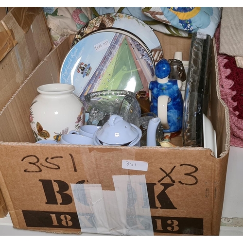 351 - Three boxes of assorted china and glassware including moulded glass tray, football presentation plat... 