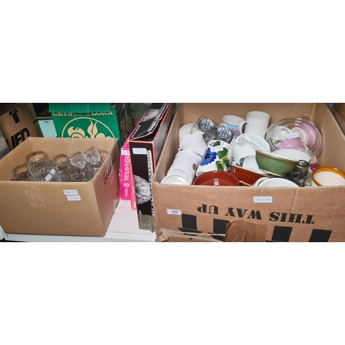 354 - Three boxes of mixed ceramics and glassware, boxed cakestand, two boxed hors d'ouevres dishes and a ... 