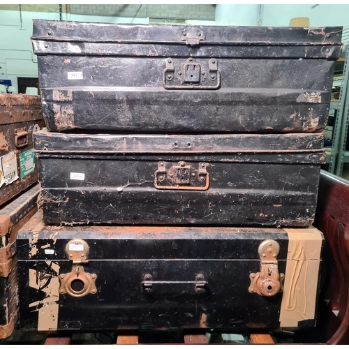 387 - Two vintage metal travelling trunks and another (3)