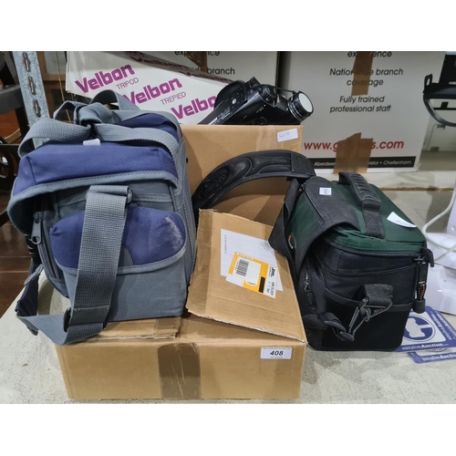 408 - Quantity of camera equipment to include Panasonic video camera, camera cases, a Panasonic Lumix came... 