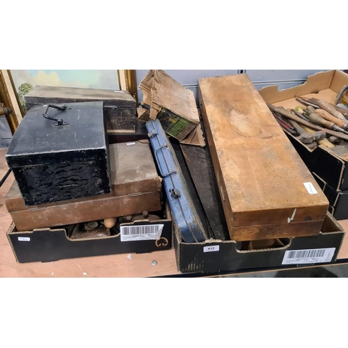 412 - Two boxes of vintage woodworking tools,  a brass blow torch, three boxes of assorted spanners, gauge... 