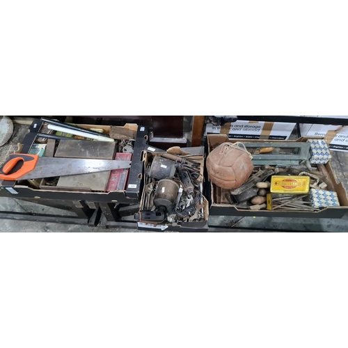 419 - Three boxes of assorted tools and accessories including two brass blow torches, various spanners, sc... 