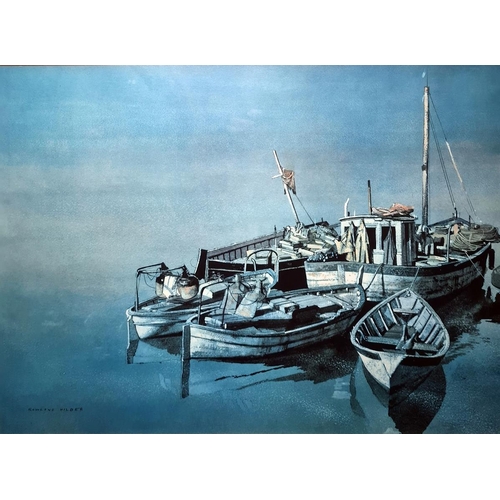 453 - After Roland Hilder
 Colour print
 Fishing boats moored 
 R Quaile
 Watercolour drawing
 