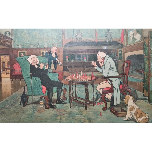 454 - After Cecil Aldin
 Colour print
 Elderly gentleman playing chess before an open fire, framed 
 Print... 