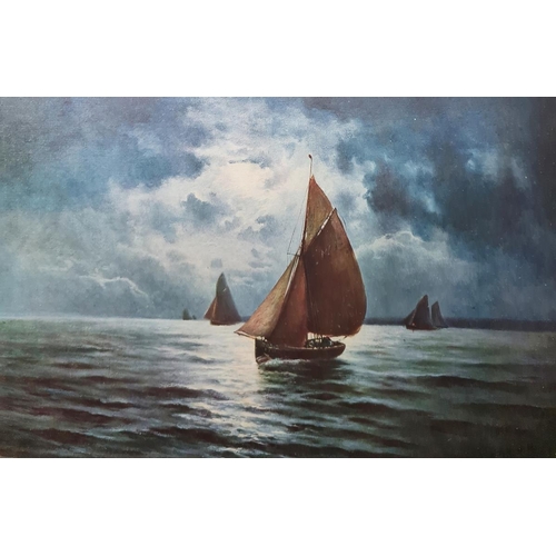 464 - After Harold Webb
 Colour prints
 Red sailed fishing boat in high seas and another in calm waters