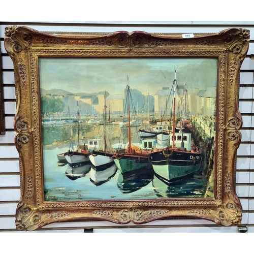 592 - R Fleming (late 20th century school)
 Oil on canvas
 Harbour scene with fishing boats, signed lower ... 