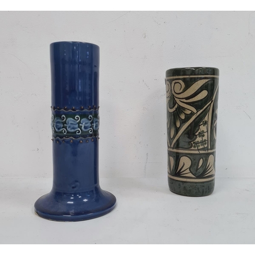 6B - Brannam Barum tall cylindrical blue ground pottery vase with slip trailed band of stylised harebells... 