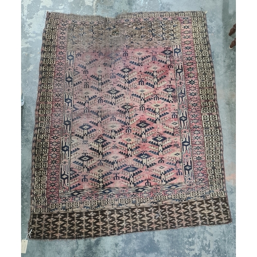 1364 - Eastern wool rug with geometric all over tree of life design on brick red ground (worn) 146 x 117 cm