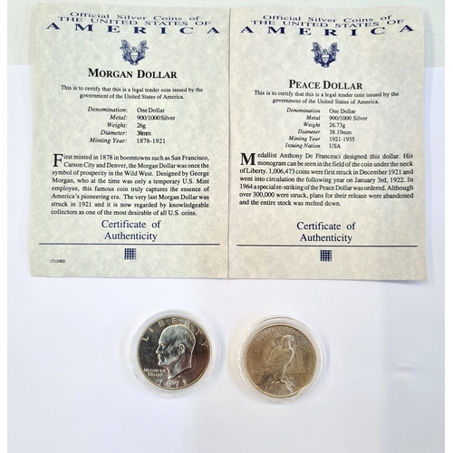 205c - Peace dollar with Liberty to reverse, 1922 with certificate, a Morgan dollar 1889, with certificate ... 