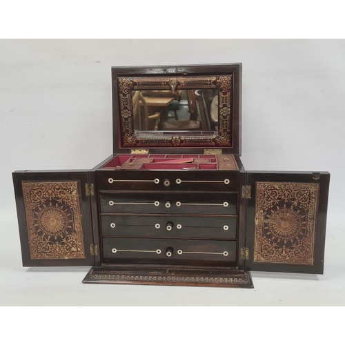 1020 - Victorian lady's workbox in rosewood and mother-of-pearl inlaid, fitted interior with assorted compa... 