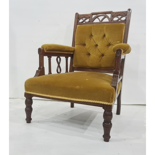 1093 - Two armchairs and three late Victorian dining chairs upholstered in mustard yellow fabric (5)