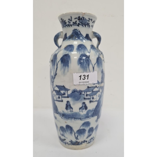 131 - Chinese porcelain vase of tall ovoid shape and having pair loop handles to the neck, underglaze blue... 