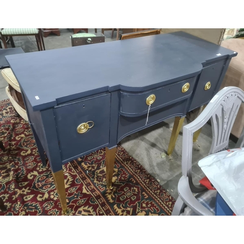 1310 - Painted reproduction Regency dining table, six chairs and sideboard painted in blues and grey