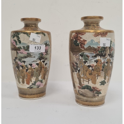 133 - Pair Satsuma pottery vases, female figure decorated in mountainous river landscapes (very damaged) (... 