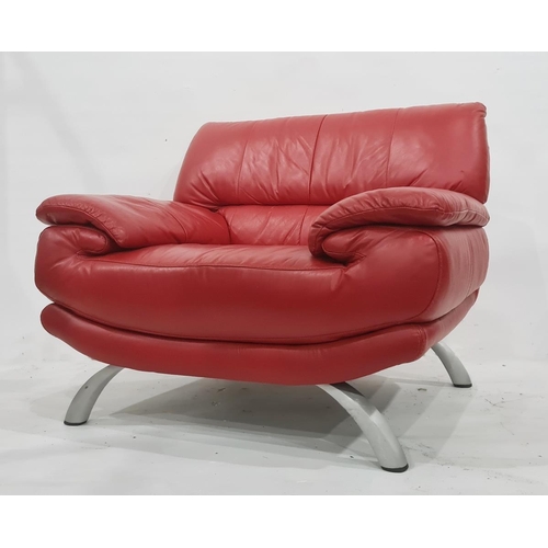 1336 - Modern red leather three piece suite to include three seater sofa, armchair and chaise longue