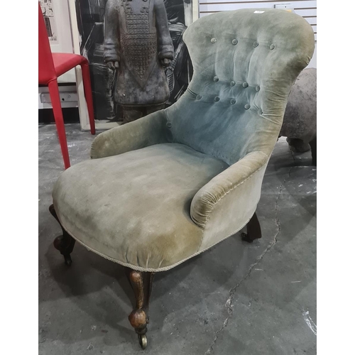 1341 - 19th Century grey / blue upholstered salon chair on front cabriole legs to castors