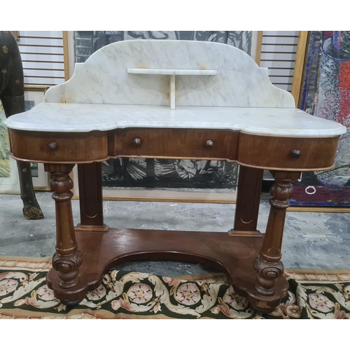 1345 - Victorian marble top washstand the shaped top with galleried back above drawers, turned and fluted c... 