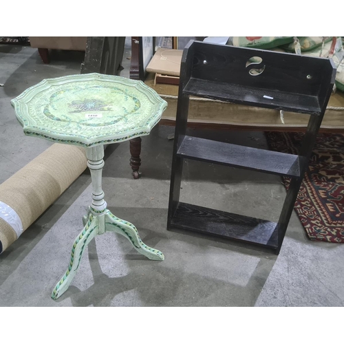 1450 - Painted tripod grog table and a small stained wood wall bracket with three shelves