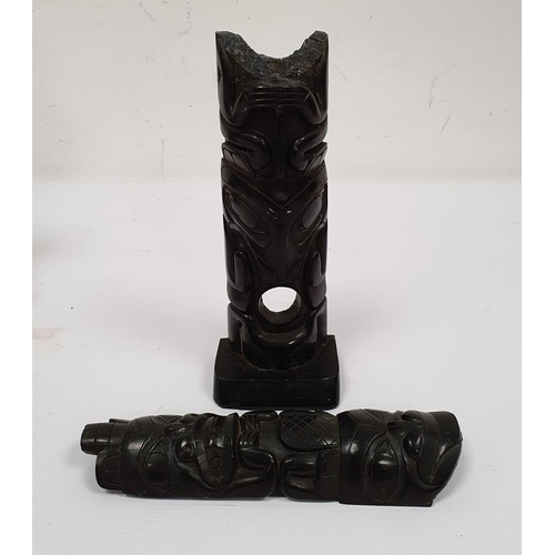 164 - Haida-style carved argillite totem pole carved with three crouching figures, 42cm high (broken in tw... 