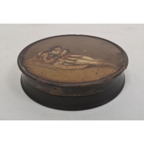 208 - 19th century wooden snuff box, the cover painted with a recumbent figure of a Shakespearean actor, 9... 