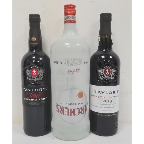 253 - 1.5 litre bottle of Archer's Peach Schnapps, a bottle of Taylor's Reserve Port and a bottle of Taylo... 