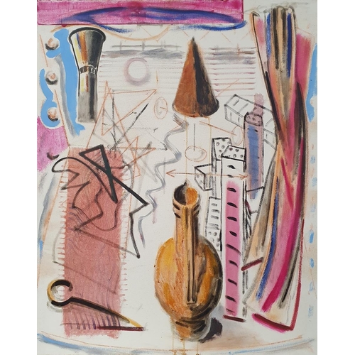 282 - Attributed to Michael Holland (1947-2002)
 Oil on canvas,
 Still life,  ruler, knife and paper
 Stil... 