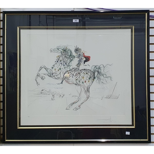 293 - After Salvador Dali
 Coloured lithograph
 Rearing horse with caped rider bearing a signature in penc... 