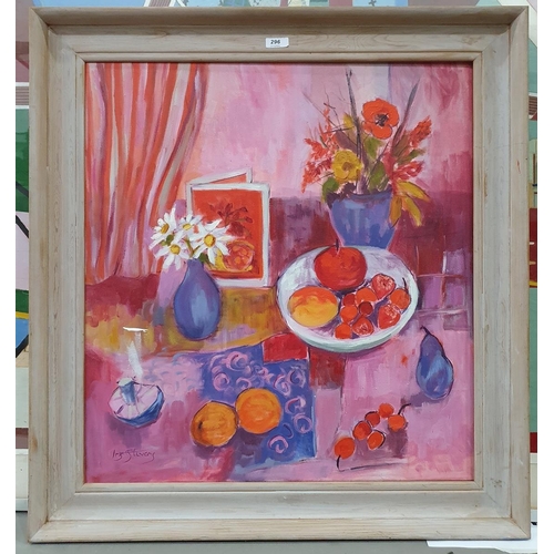 296 - Iris Stevens (20th century school)
 Oil on canvas 
 Still life study of fruit in a bowl with flowers... 