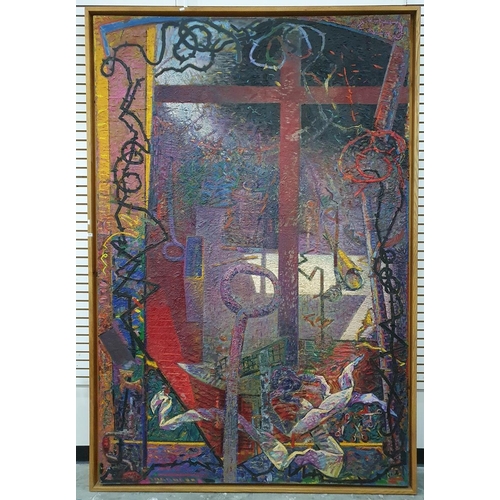 326 - Attributed to Michael Holland (1947-2002)
 Oil on canvas
 Cross amidst barbed wire and debris, frame... 