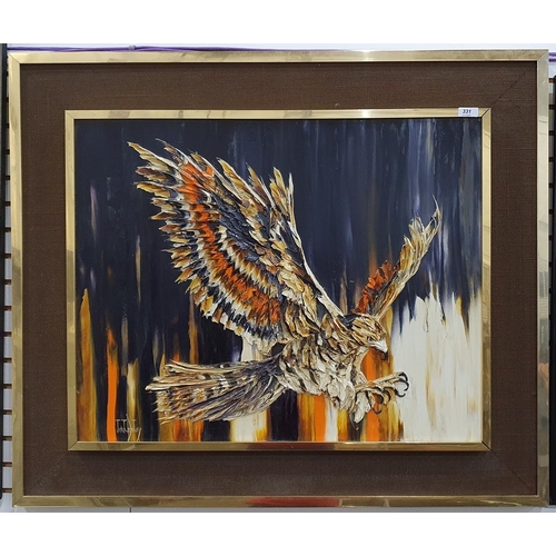 331 - Jean T Tredaway(?) (20th century)
 Oil on board with impasto
 Eagle in flight, signed indistinctly l... 