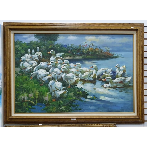 341 - 20th/21st century school
 Oil on canvas
 Ducks on the bank, unsigned, 59 x 92 cm