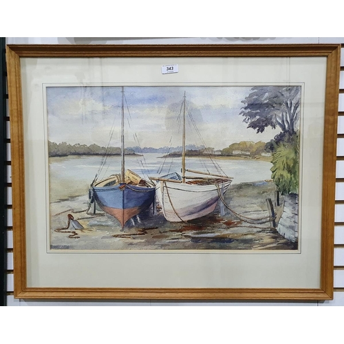 343 - Irene(?) (British, 20th century)
 Watercolour
 Two sailing boats on the mud flats, 35cm x 55cm