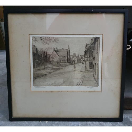 354 - R Sharply
 Etching 
 Chipping Camden, signed and titled in pencil, 17cm x 21cm 
 Two 19th century  p... 