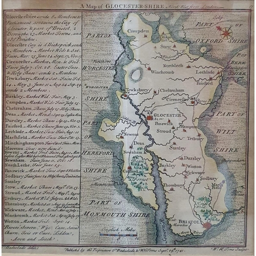 355 - Pen and ink Garfield cartoon, a 19th century handcoloured map of Gloucestershire by J Badeslade, ano... 