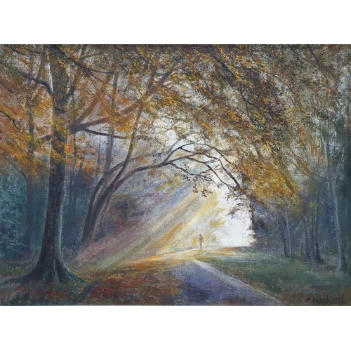 362 - M England (20th century)
 Pair of oils on canvas 
 Ducks on a river and figure on autumnal path, sig... 