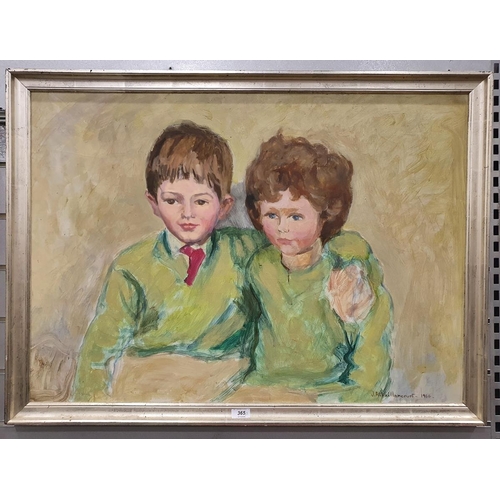 365 - Josette Aris Vailioncourt (20th century)
 Oil on board
 Portrait of a girl and boy in green jumpers,... 