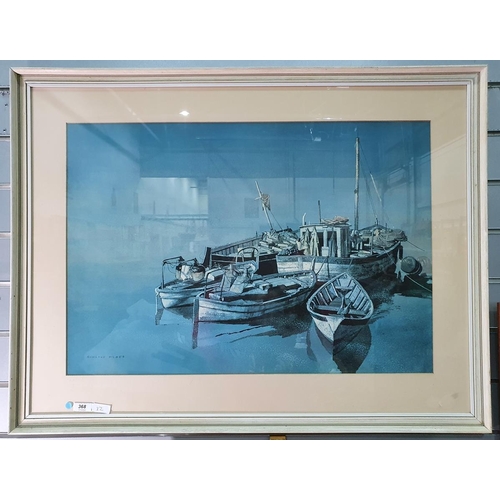 368 - After Roland Hilder
 Colour print
 Fishing boats moored 
 R Quaile
 Watercolour drawing
 